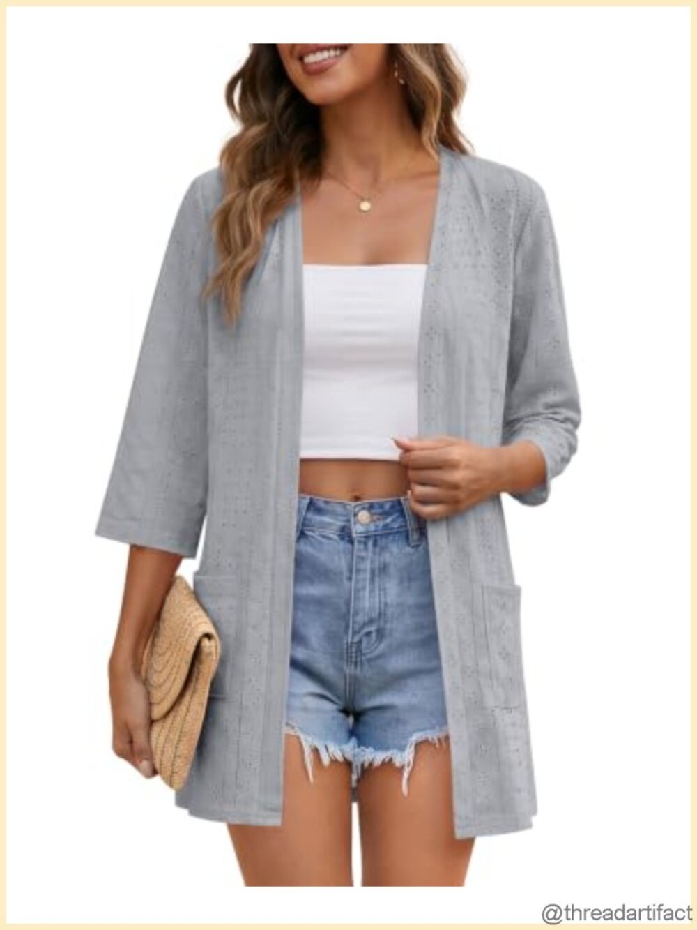 Womens Lightweight 3/4 Sleeve Open Front Cardigan with Pockets